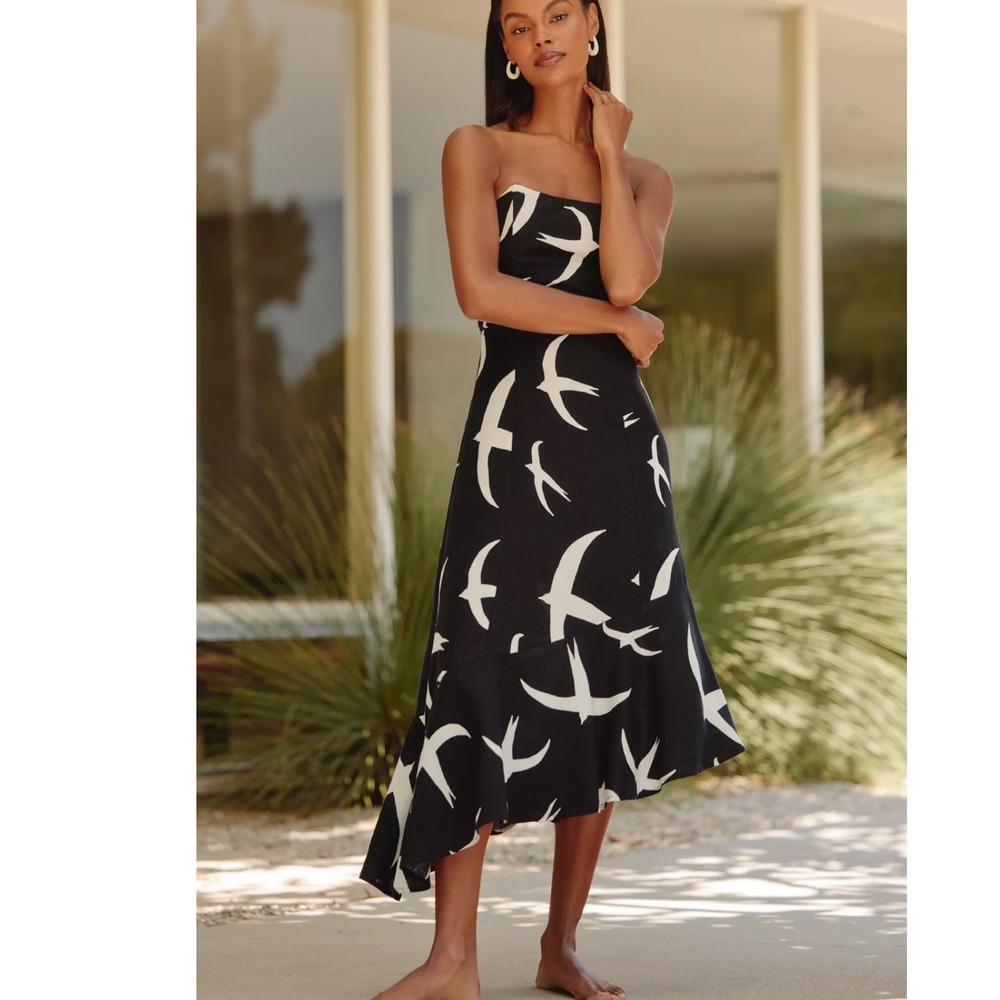 Anthropologie Celandine Bird Print Strapless Linen Blend Midi Dress Small